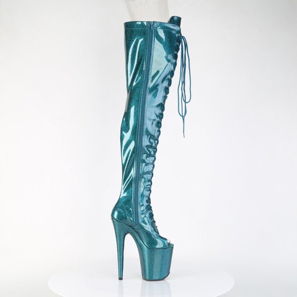 Club Exx Glitter Thigh High Lace Up Platform Boots - White  Glitter Platform High Heel Lace Up Thigh High Boots